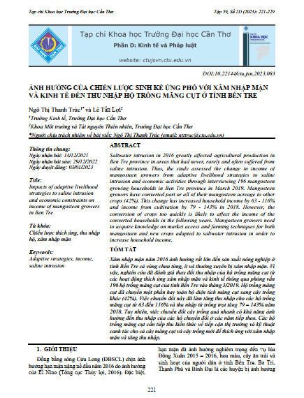 Ảnh hưởng của chiến lược sinh kế ứng phó với xâm nhập mặn và kinh tế đến thu nhập hộ trồng măng cụt ở tỉnh Bến Tre