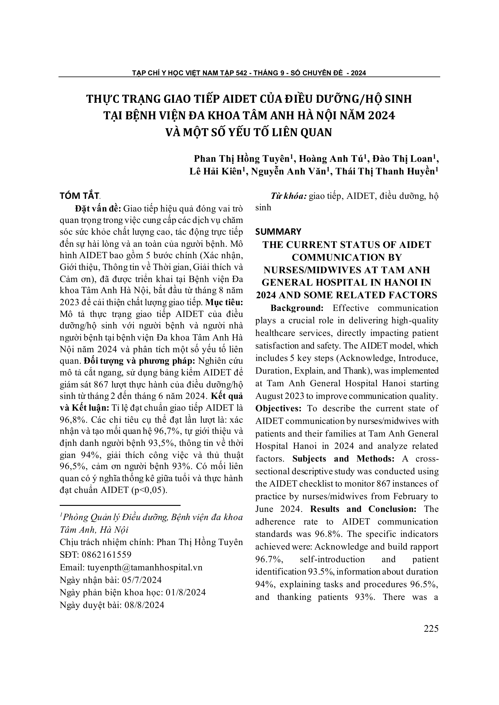 Thực trạng giao tiếp AIDET của điều dưỡng/hộ sinh tại Bệnh viện Đa khoa Tâm Anh Hà Nội năm 2024 và một số yếu tố liên quan