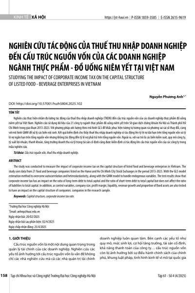 Nghiên cứu tác động của thuế thu nhập doanh nghiệp đến cấu trúc nguồn vốn của các doanh nghiệp ngành thực phẩm – đồ uống niêm yết tại Việt Nam