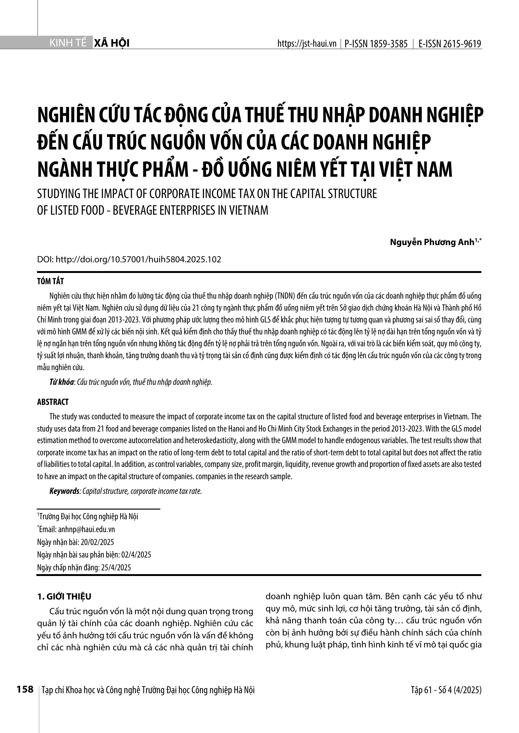 Nghiên cứu tác động của thuế thu nhập doanh nghiệp đến cấu trúc nguồn vốn của các doanh nghiệp ngành thực phẩm – đồ uống niêm yết tại Việt Nam