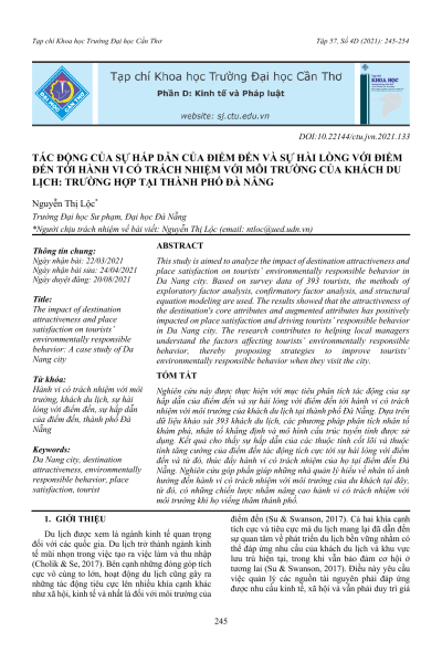 Tác động của sự hấp dẫn của điểm đến và sự hài lòng với điểm đến tới hành vi có trách nhiệm với môi trường của khách du lịch: Trường hợp tại thành phố Đà Nẵng