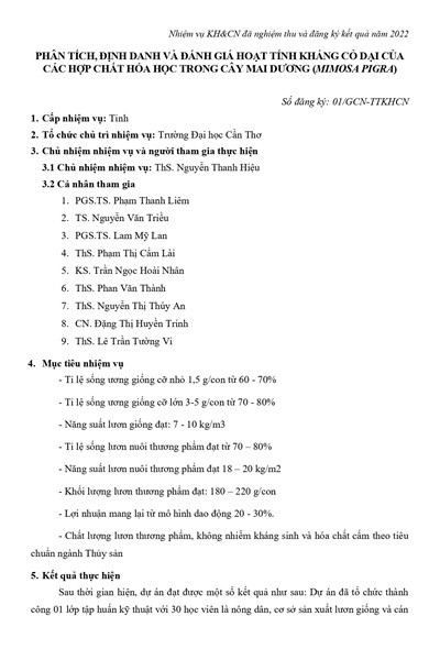 Phân tích, định danh và đánh giá hoạt tính kháng cỏ dại của các hợp chất hóa học trong cây mai dương (Mimosa pigra) (2022)