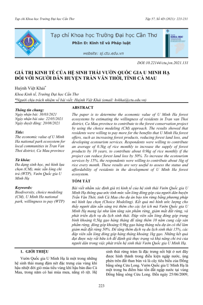 Giá trị kinh tế của hệ sinh thái Vườn Quốc gia U Minh Hạ đối với người dân huyện Trần Văn Thời, tỉnh Cà Mau