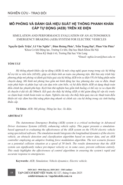 Mô phỏng và đánh giá hiệu suất hệ thống phanh khẩn cấp tự động (AEB) trên xe điện