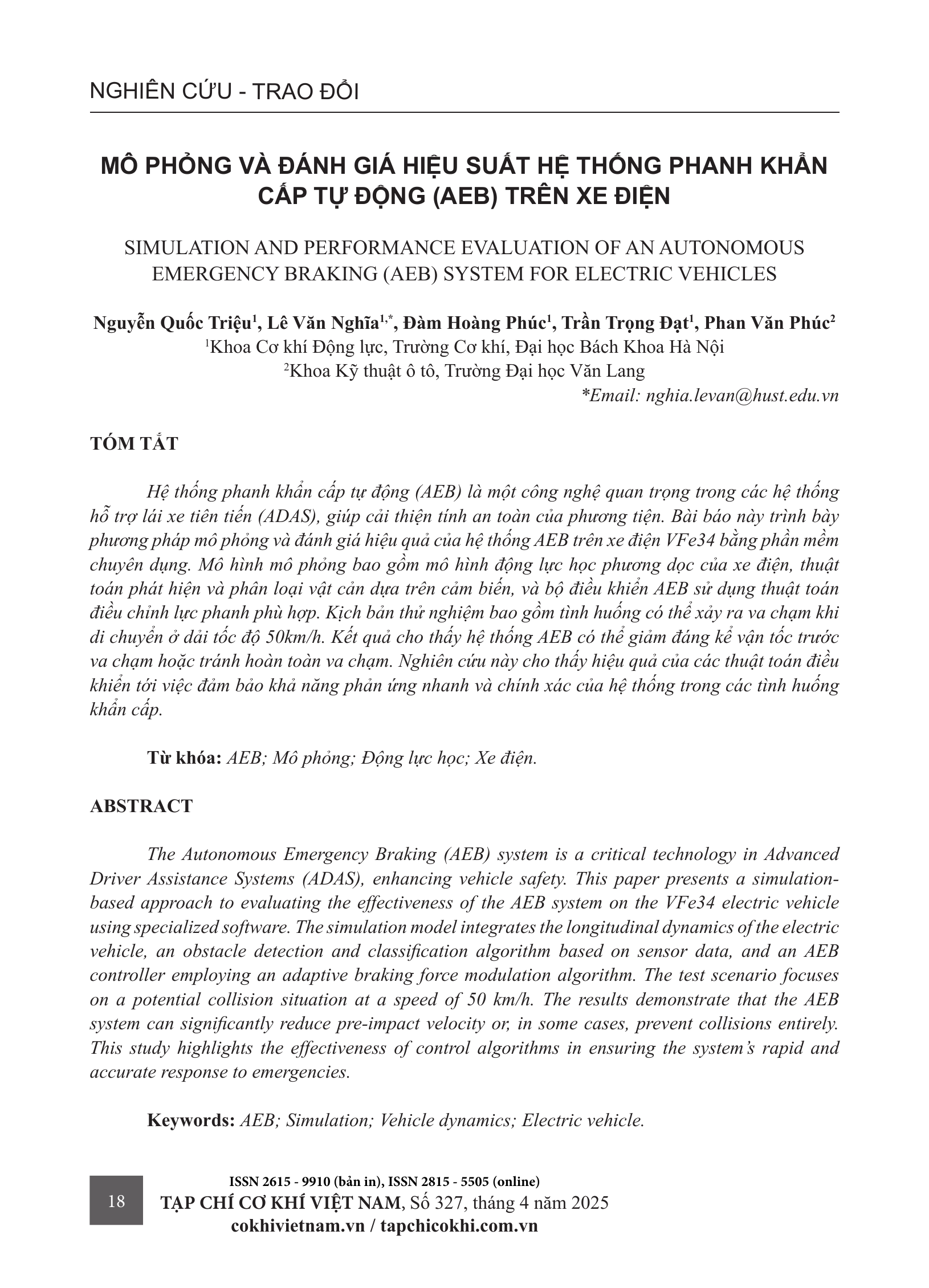 Mô phỏng và đánh giá hiệu suất hệ thống phanh khẩn cấp tự động (AEB) trên xe điện