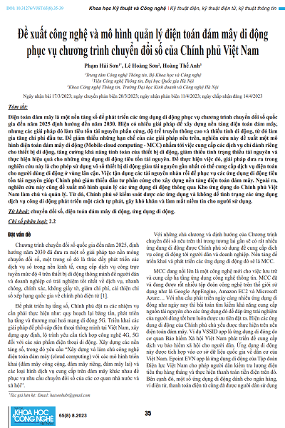 Đề xuất công nghệ và mô hình quản lý điện toán đám mây di động phục vụ chương trình chuyển đổi số của Chính phủ Việt Nam
