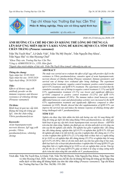 Ảnh hưởng của chế độ cho ăn kháng thể lòng đỏ trứng gà lên đáp ứng miễn dịch và khả năng đề kháng bệnh của tôm thẻ chân trắng (Penaeus vannamei)