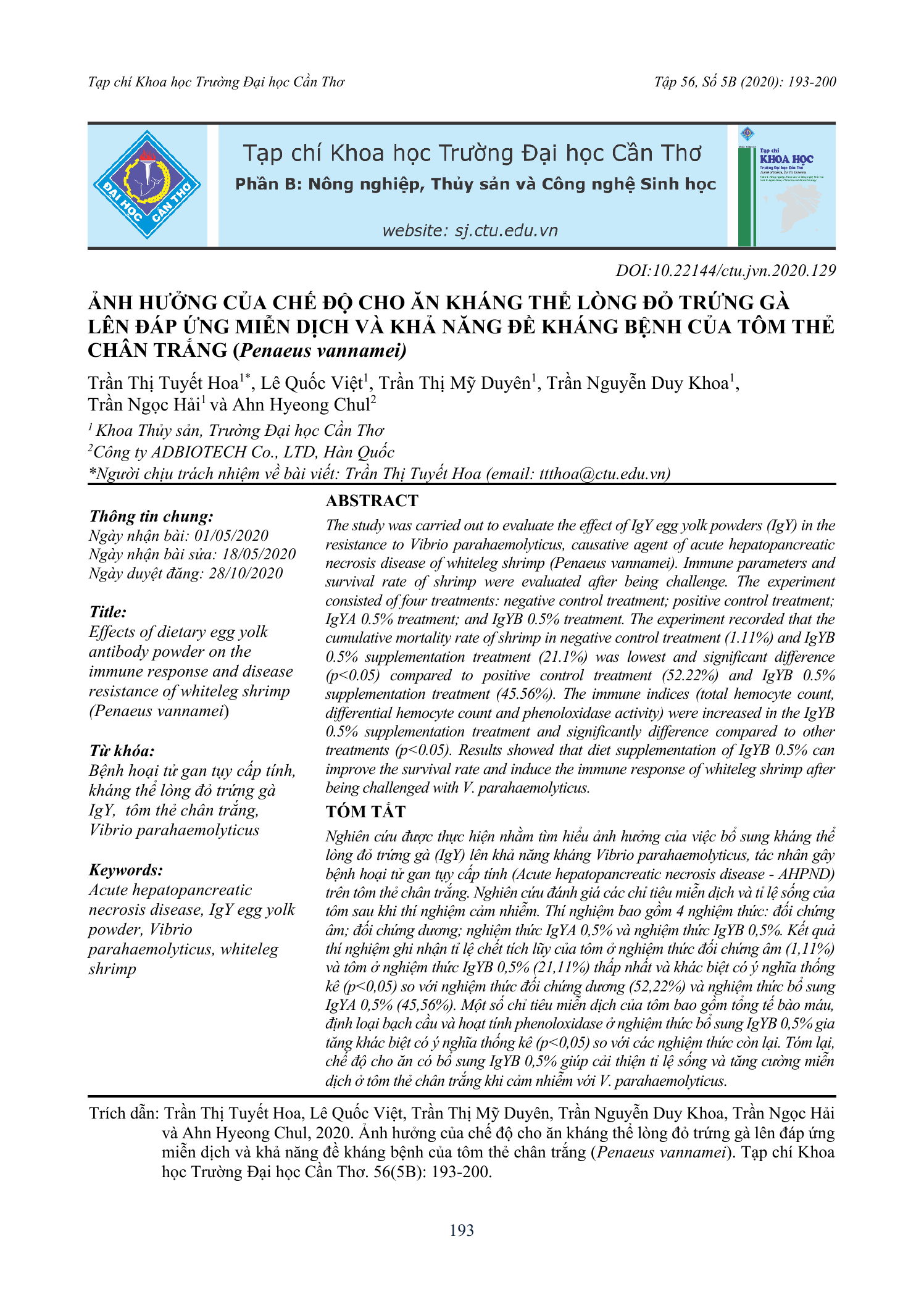 Ảnh hưởng của chế độ cho ăn kháng thể lòng đỏ trứng gà lên đáp ứng miễn dịch và khả năng đề kháng bệnh của tôm thẻ chân trắng (Penaeus vannamei)