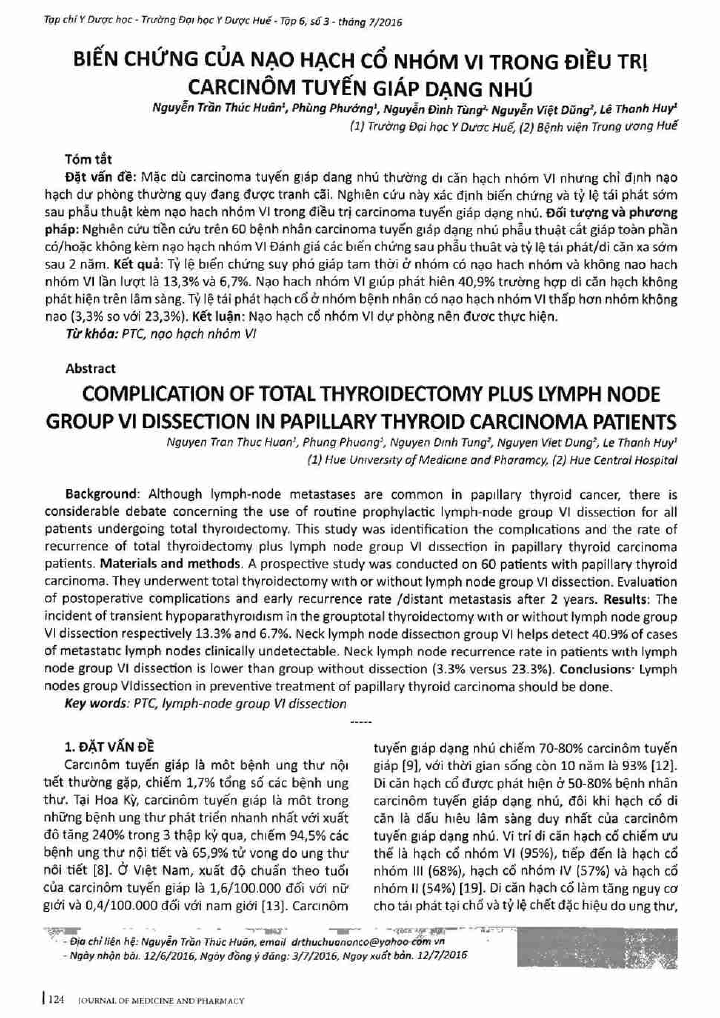 Biến chứng của nạo hạch cổ nhóm VI trong điều trị carcinôm tuyến giáp dạng nhú