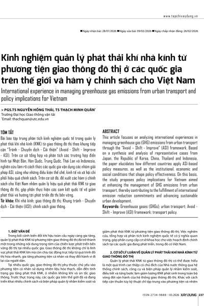 Kinh nghiệm quản lý phát thải khí nhà kính từ phương tiện giao thông đô thị ở các quốc gia trên thế giới và hàm ý chính sách cho Việt Nam