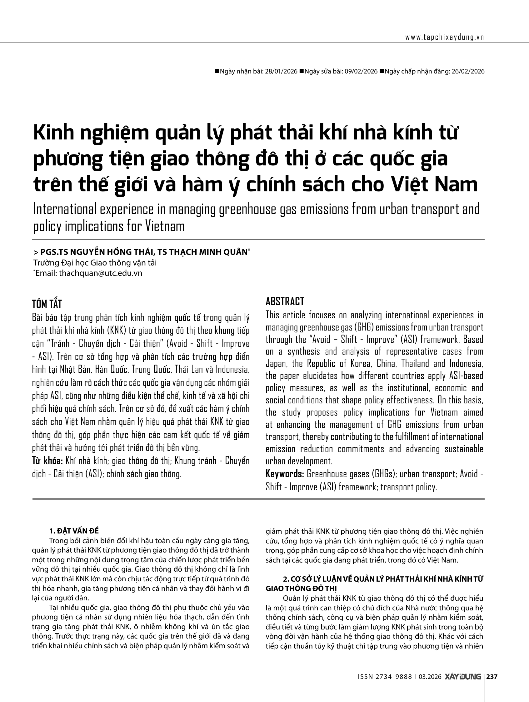 Kinh nghiệm quản lý phát thải khí nhà kính từ phương tiện giao thông đô thị ở các quốc gia trên thế giới và hàm ý chính sách cho Việt Nam