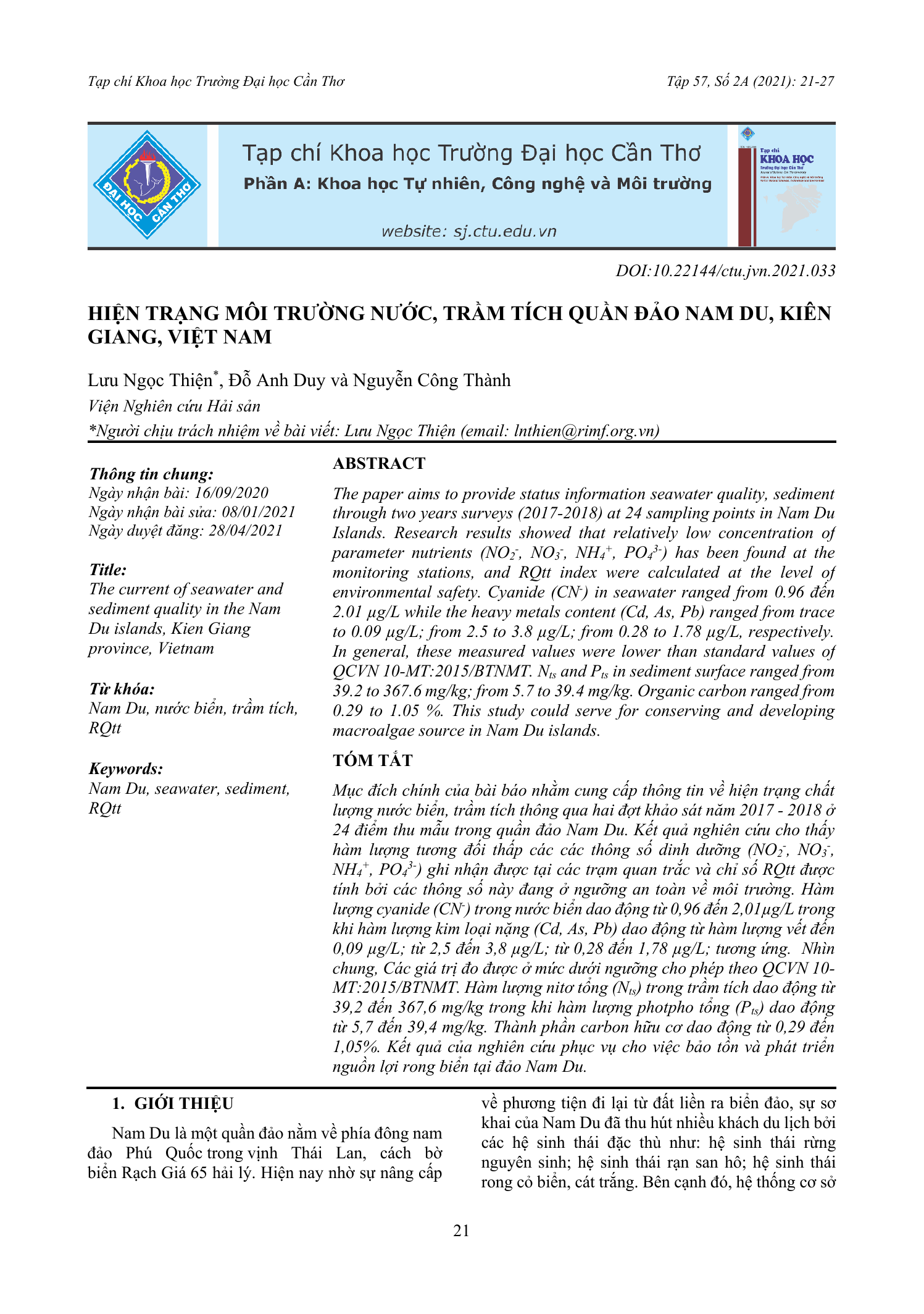 Hiện trạng môi trường nước, trầm tích quần đảo Nam Du, Kiên Giang, Việt Nam