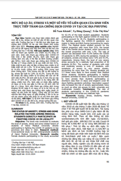 Mức độ lo âu, stress và một số yếu tố liên quan của sinh viên trực tiếp tham gia chống dịch COVID 19 tại các địa phương