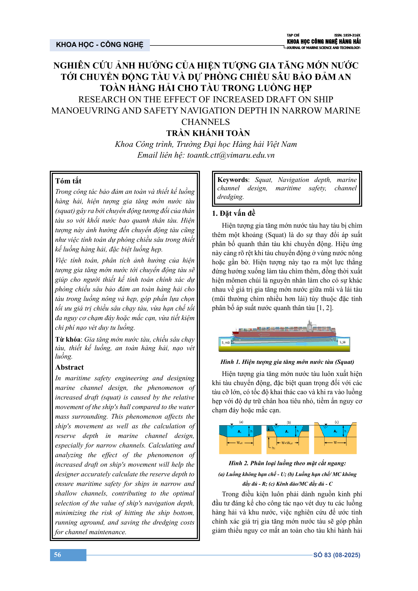 Nghiên cứu ảnh hưởng của hiện tượng gia tăng mớn nước tới chuyển động tàu và dự phòng chiều sâu bảo đảm an toàn hàng hải cho tàu trong luồng hẹp