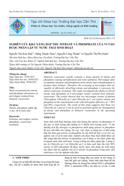Nghiên cứu khả năng hấp thu nitrate và phosphate của vi tảo được phân lập từ nước thải sinh hoạt