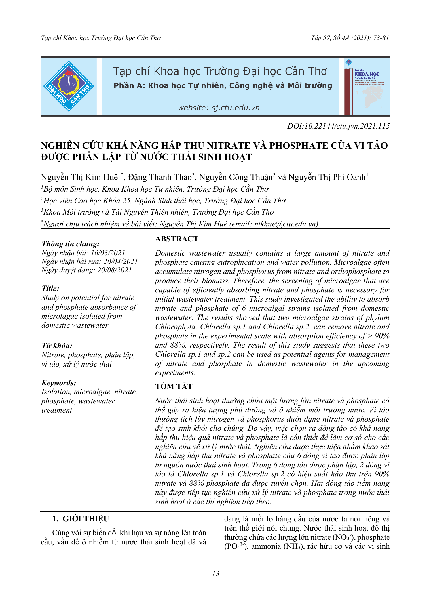 Nghiên cứu khả năng hấp thu nitrate và phosphate của vi tảo được phân lập từ nước thải sinh hoạt