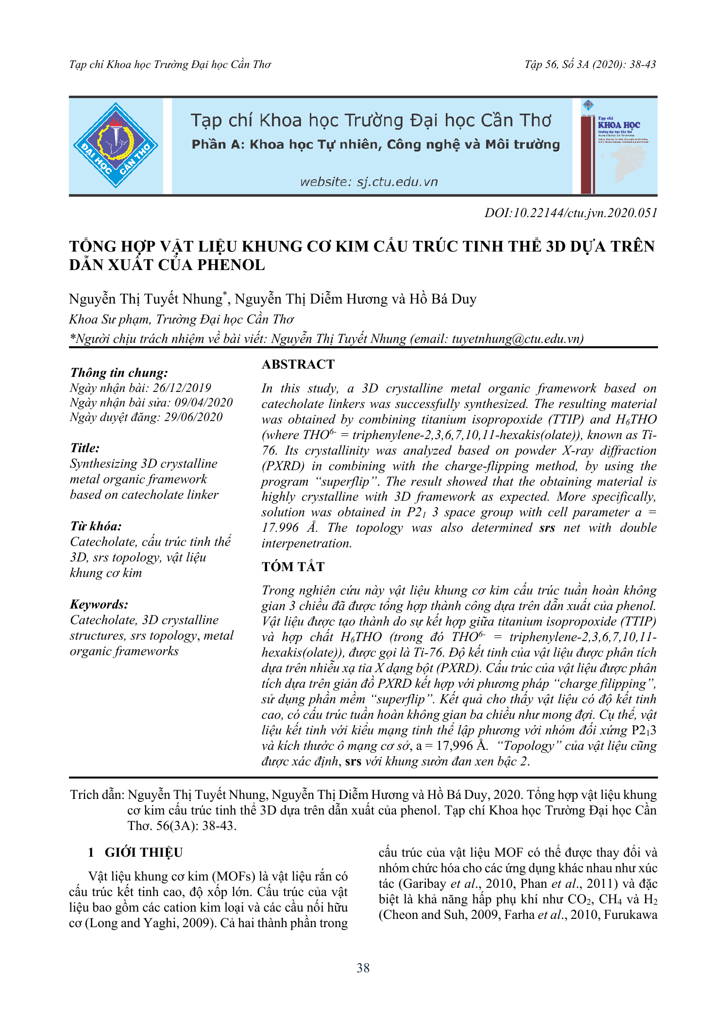 Tổng hợp vật liệu khung cơ kim cấu trúc tinh thể 3D dựa trên dẫn xuất của phenol