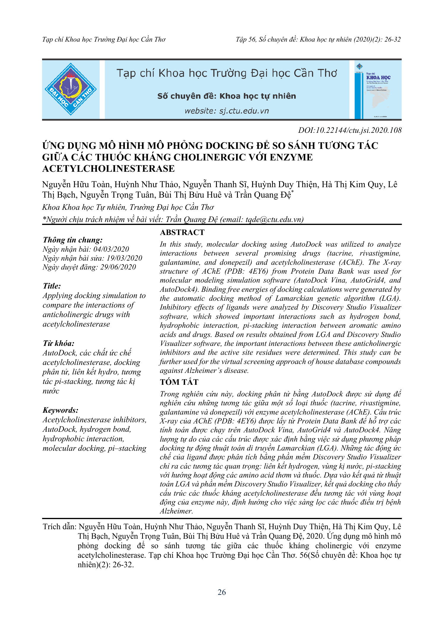 Ứng dụng mô hình mô phỏng docking để so sánh tương tác giữa các thuốc kháng cholinergic với enzyme acetylcholinesterase