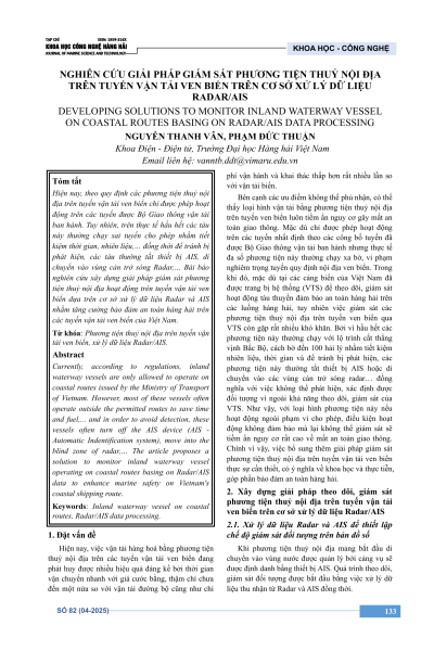 Nghiên cứu giải pháp giám sát phương tiện thủy nội địa trên tuyến vận tải ven biển trên cơ sở xử lý dữ liệu Radar/AIS