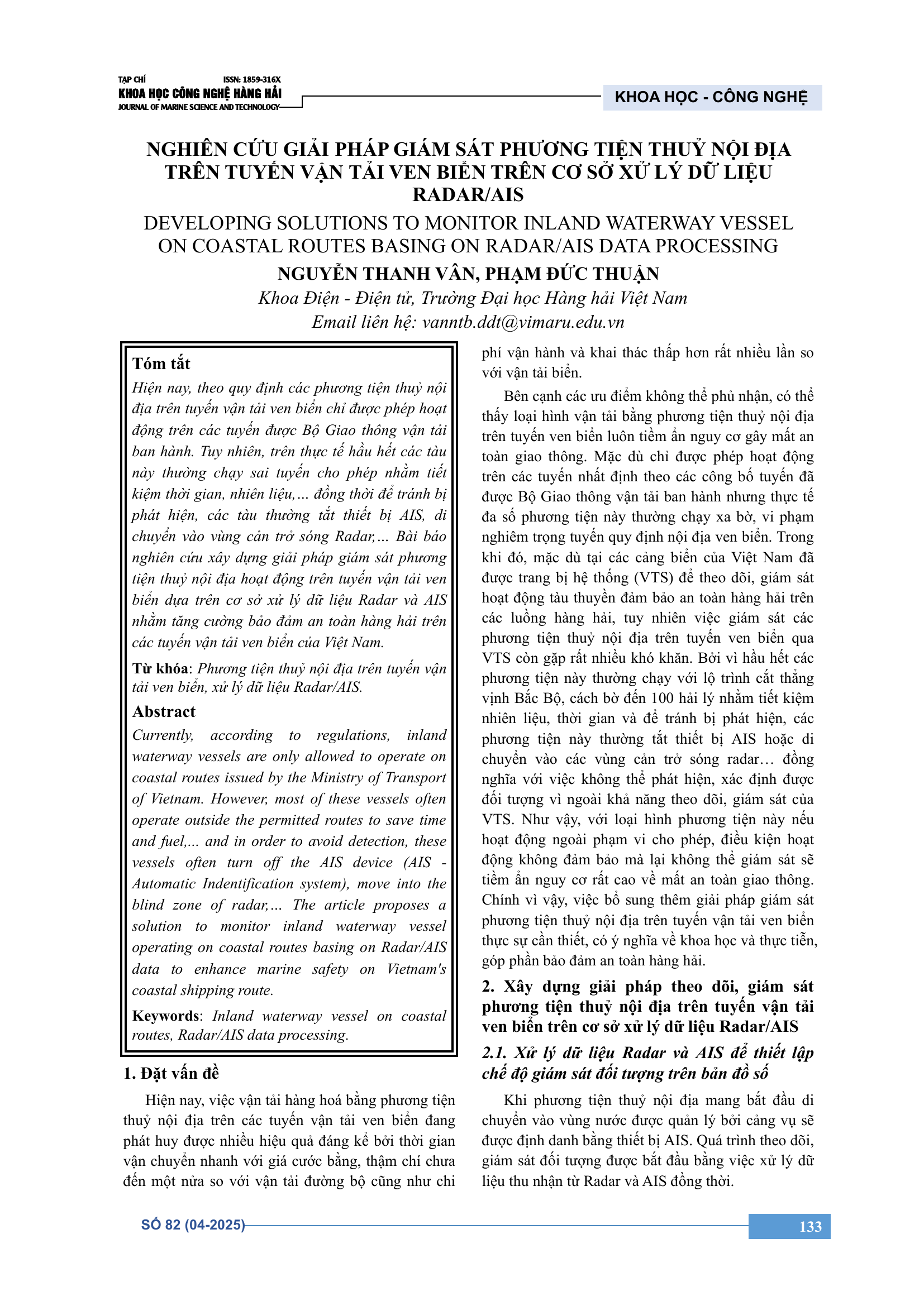 Nghiên cứu giải pháp giám sát phương tiện thủy nội địa trên tuyến vận tải ven biển trên cơ sở xử lý dữ liệu Radar/AIS