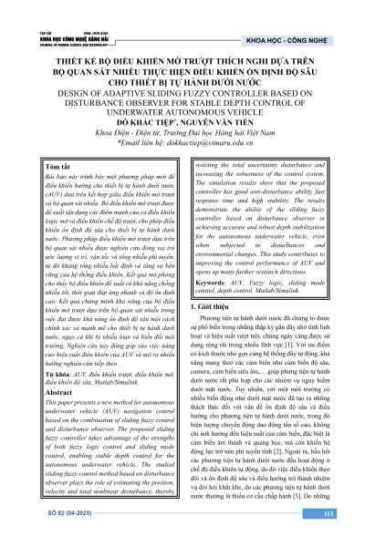 Thiết kế bộ điều khiển mờ trượt thích nghi dựa trên bộ quan sát nhiễu thực hiện điều khiển ổn định độ sâu cho thiết bị tự hành dưới nước