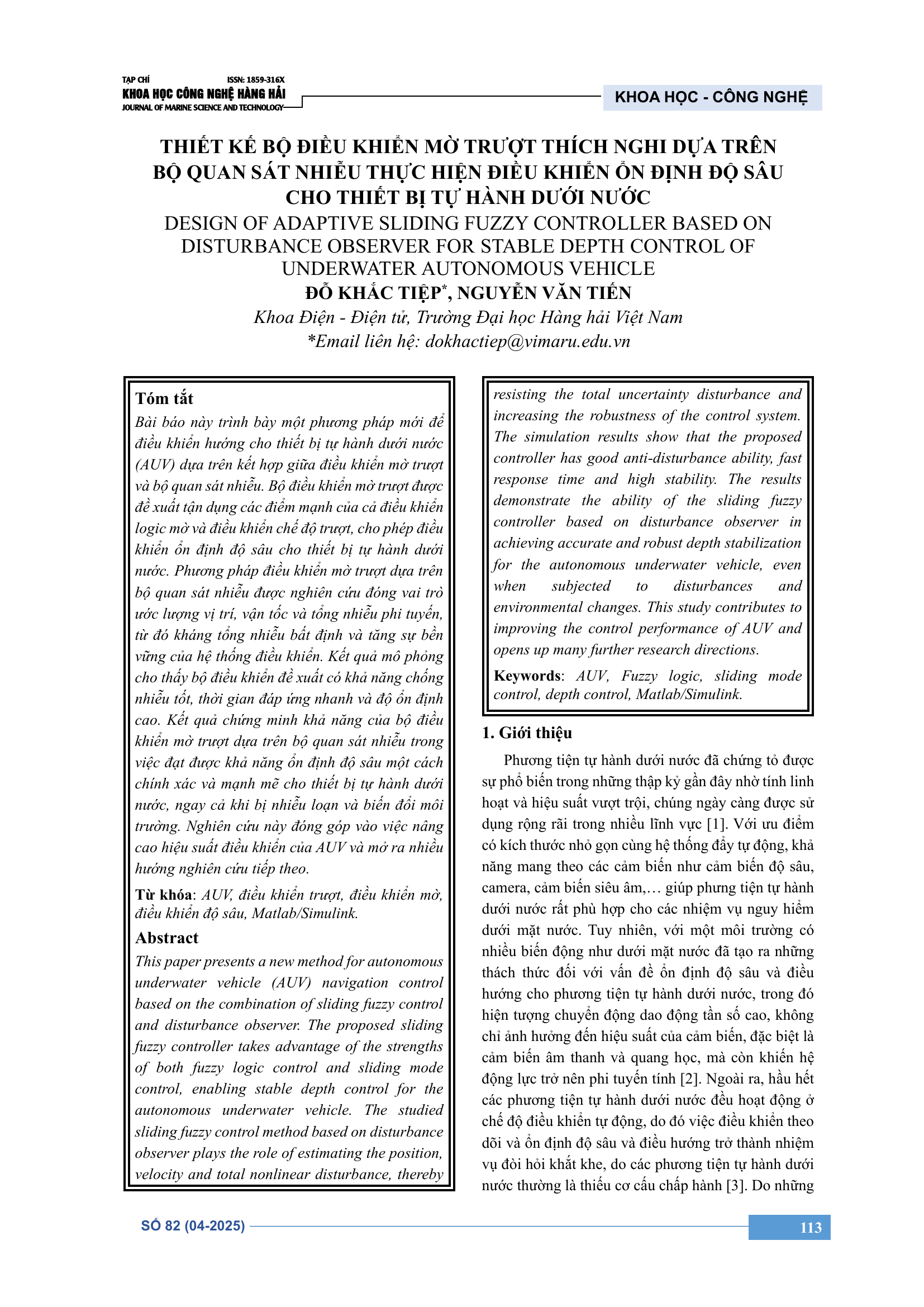Thiết kế bộ điều khiển mờ trượt thích nghi dựa trên bộ quan sát nhiễu thực hiện điều khiển ổn định độ sâu cho thiết bị tự hành dưới nước
