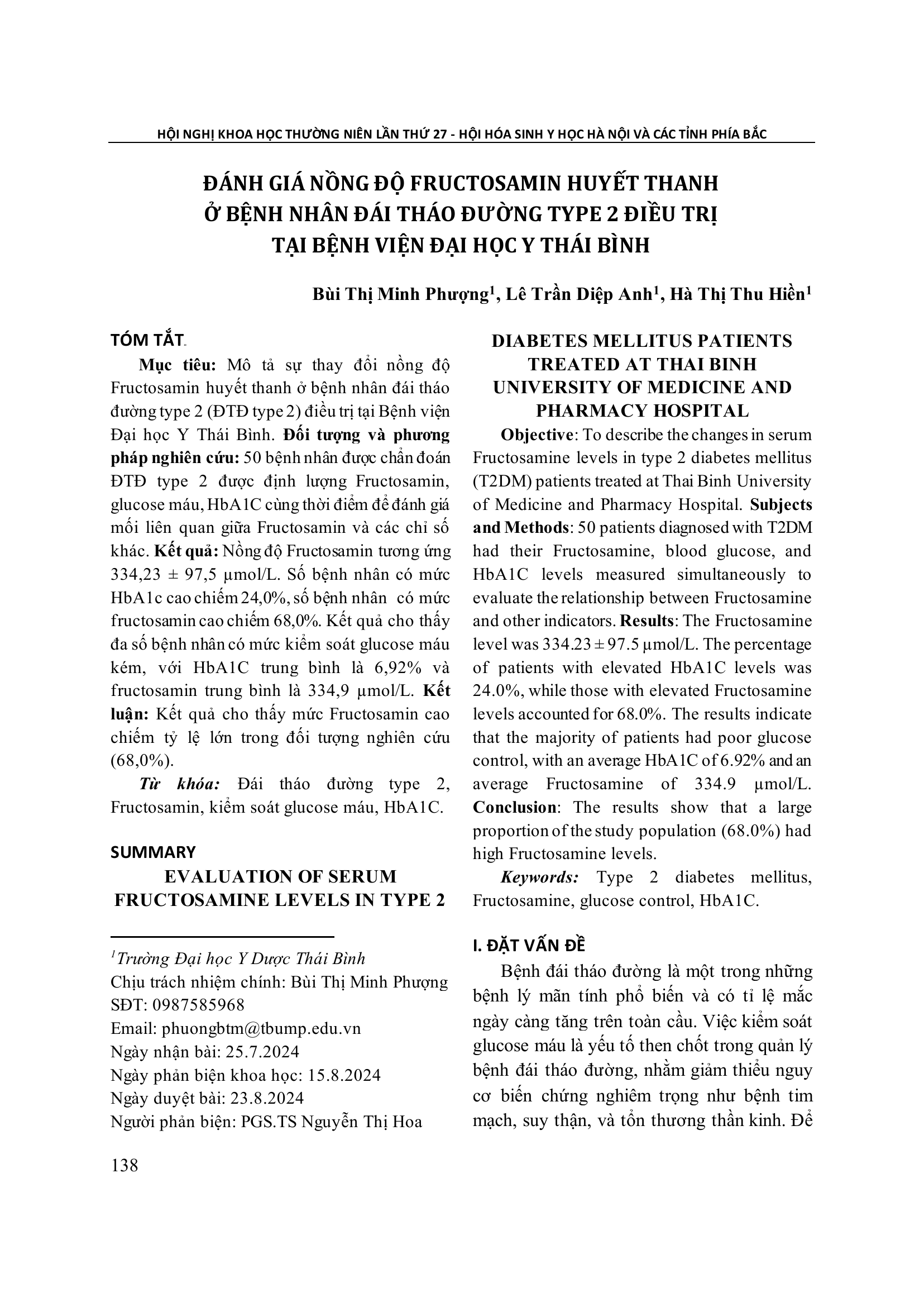 Đánh giá nồng độ fructosamin huyết thanh ở bệnh nhân đái tháo đường type 2 điều trị tại Bệnh viện đại học y Thái Bình