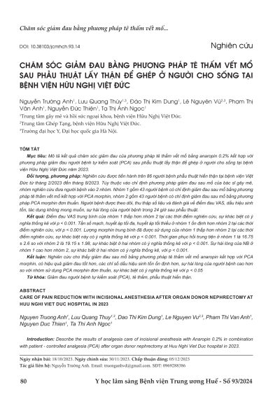 Chăm sóc giảm đau bằng phương pháp tê thấm vết mổ sau phẫu thuật lấy thận để ghép ở người cho sống tại Bệnh Viện Hữu Nghị Việt Đức