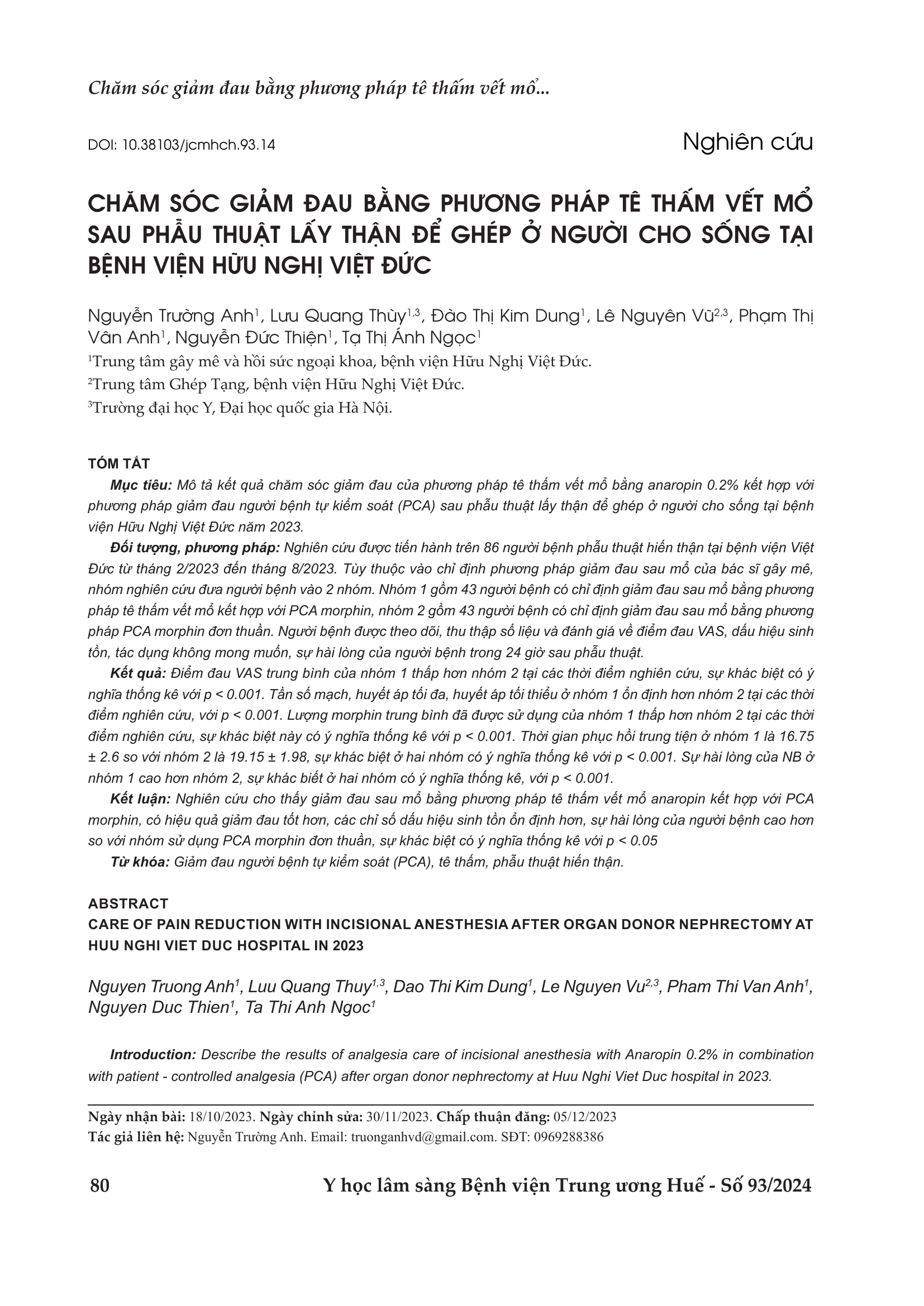 Chăm sóc giảm đau bằng phương pháp tê thấm vết mổ sau phẫu thuật lấy thận để ghép ở người cho sống tại Bệnh Viện Hữu Nghị Việt Đức