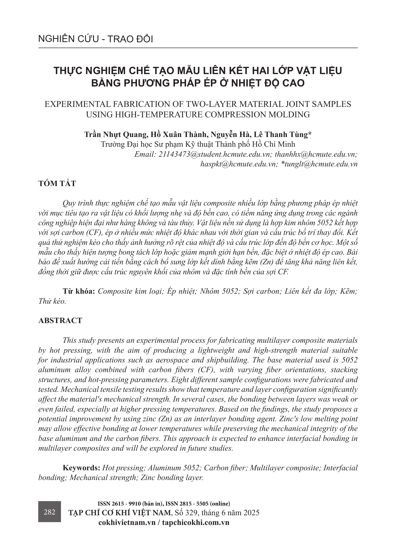 Thực nghiệm chế tạo mẫu liên kết hai lớp vật liệu bằng phương pháp ép ở nhiệt độ cao