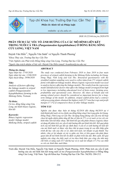 Phân tích các yếu tố ảnh hưởng của các mô hình liên kết trong nuôi cá tra (Pangasianodon hypophthalmus) ở Đồng bằng sông Cửu Long, Việt Nam