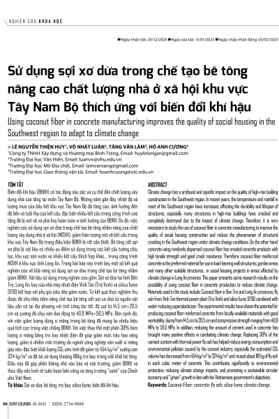 Sử dụng sợi xơ dừa trong chế tạo bê tông nâng cao chất lượng nhà ở xã hội khu vực Tây Nam Bộ thích ứng với biến đổi khí hậu