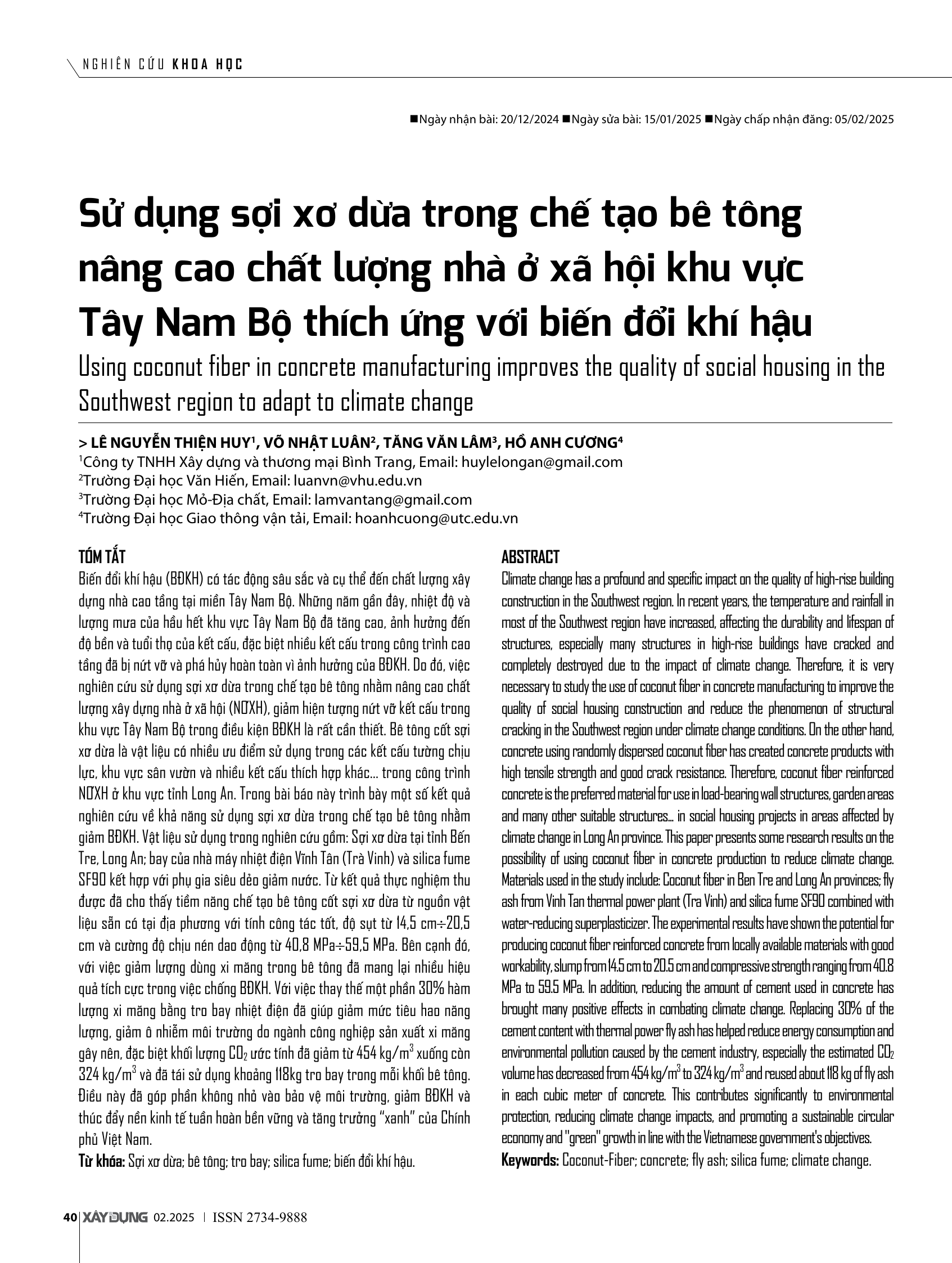 Sử dụng sợi xơ dừa trong chế tạo bê tông nâng cao chất lượng nhà ở xã hội khu vực Tây Nam Bộ thích ứng với biến đổi khí hậu