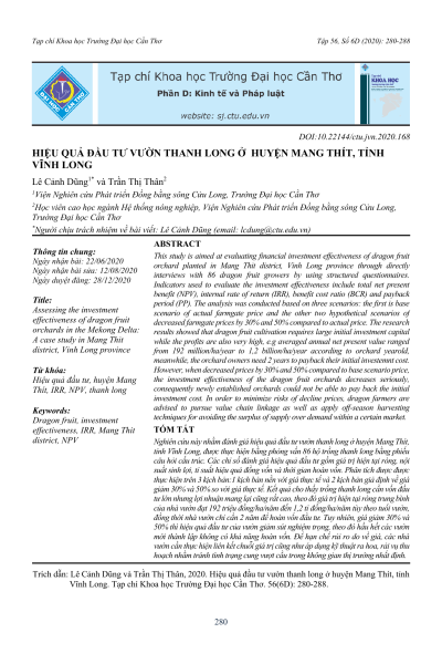 Hiệu quả đầu tư vườn thanh long ở huyện Mang Thít, tỉnh Vĩnh Long