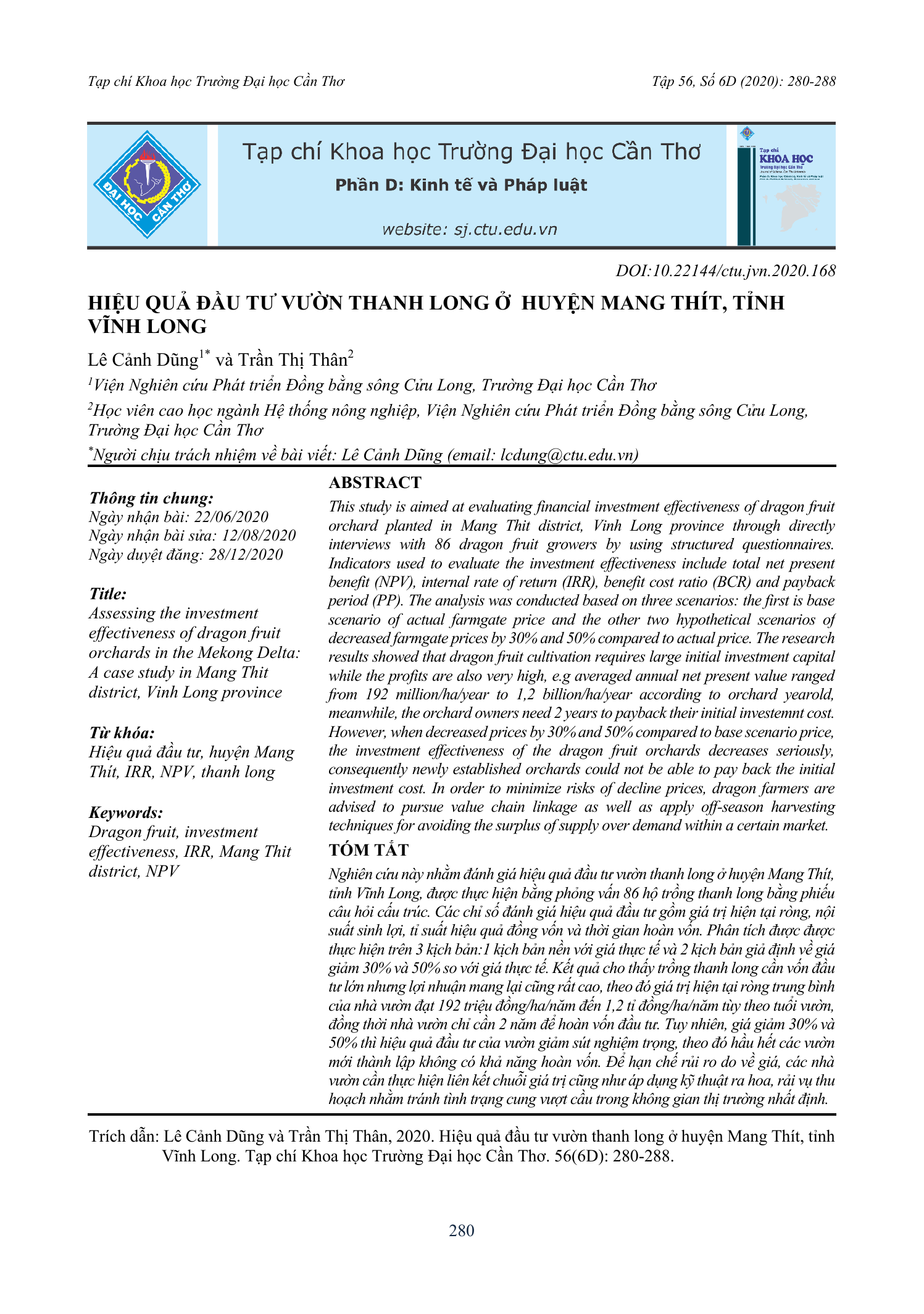 Hiệu quả đầu tư vườn thanh long ở huyện Mang Thít, tỉnh Vĩnh Long