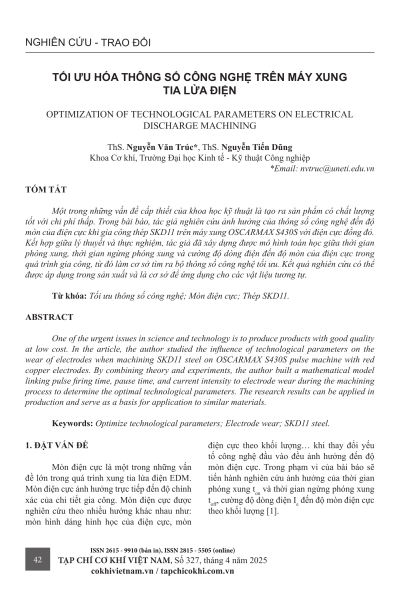 Tối ưu hóa thông số công nghệ trên máy xung tia lửa điện