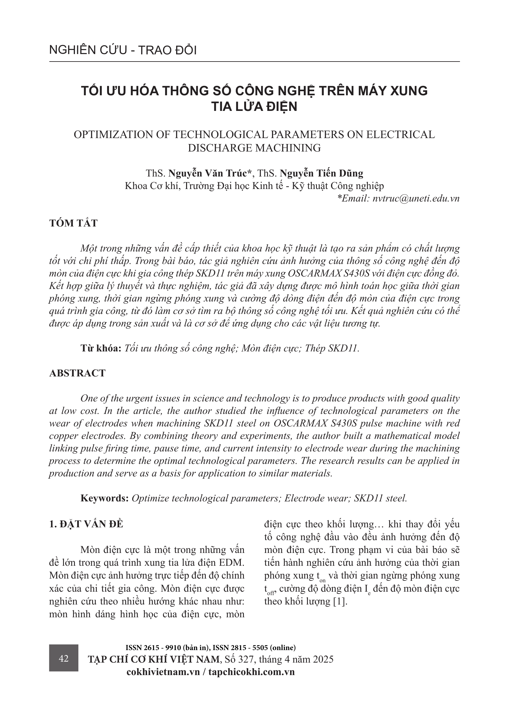 Tối ưu hóa thông số công nghệ trên máy xung tia lửa điện