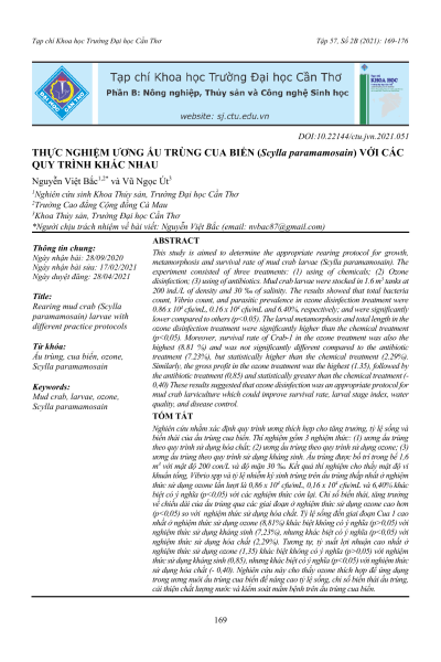 Thực nghiệm ương ấu trùng cua biển (Scylla paramamosain) với các quy trình khác nhau