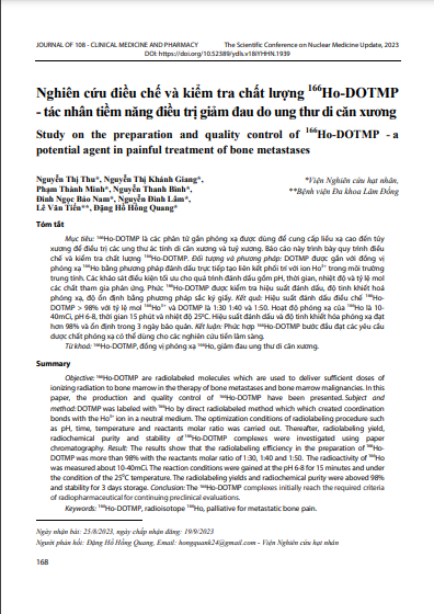 Nghiên cứu điều chế và kiểm tra chất lượng 166Ho-DOTMP - tác nhân tiềm năng điều trị giảm đau do ung thư di căn xương