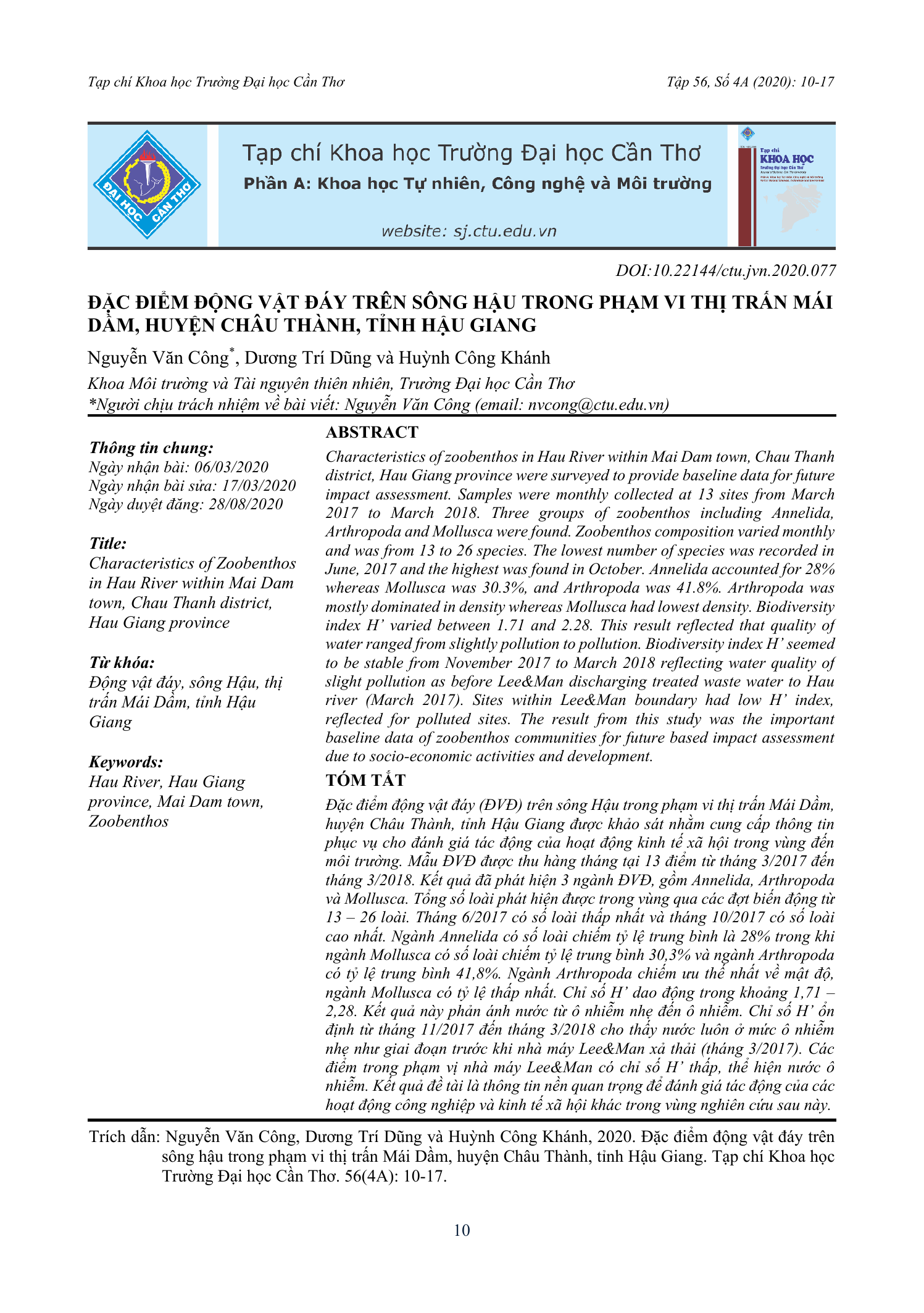 Đặc điểm động vật đáy trên sông Hậu trong phạm vi thị trấn Mái Dầm, huyện Châu Thành, tỉnh Hậu Giang