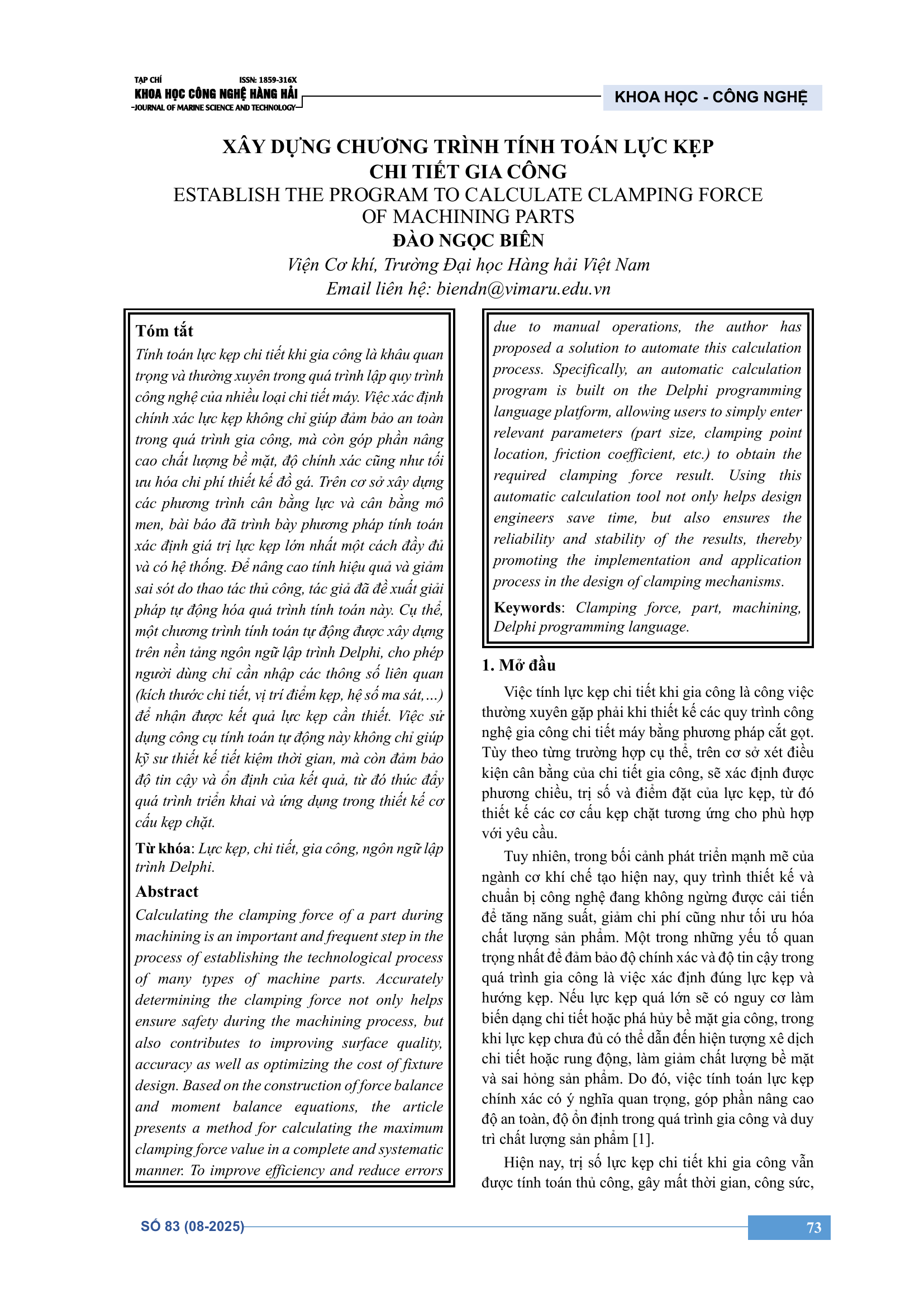 Xây dựng chương trình tính toán lực kẹp chi tiết gia công