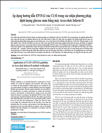 Áp dụng hướng dẫn EP15A3 của CLSI trong xác nhận phương pháp định lượng glucose máu bằng máy Accu-chek Inform II