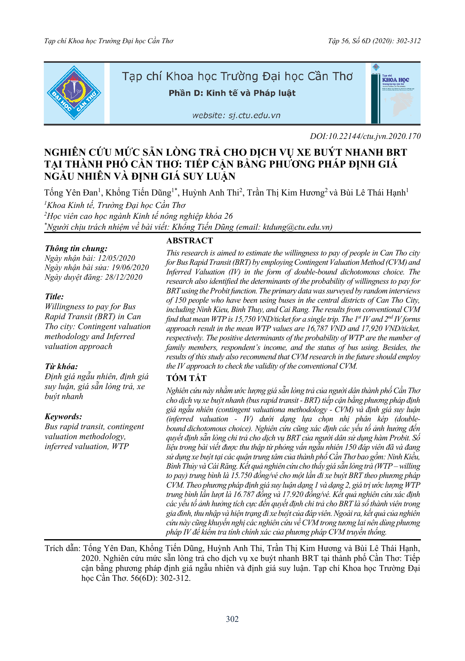 Nghiên cứu mức sẵn lòng trả cho dịch vụ xe buýt nhanh BRT tại thành phố Cần Thơ: Tiếp cận bằng phương pháp định giá ngẫu nhiên và định giá suy luận