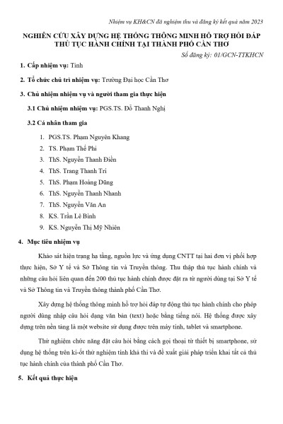 Nghiên cứu xây dựng hệ thống thông minh hỗ trợ hỏi đáp thủ tục hành chính tại thành phố Cần Thơ (2023)