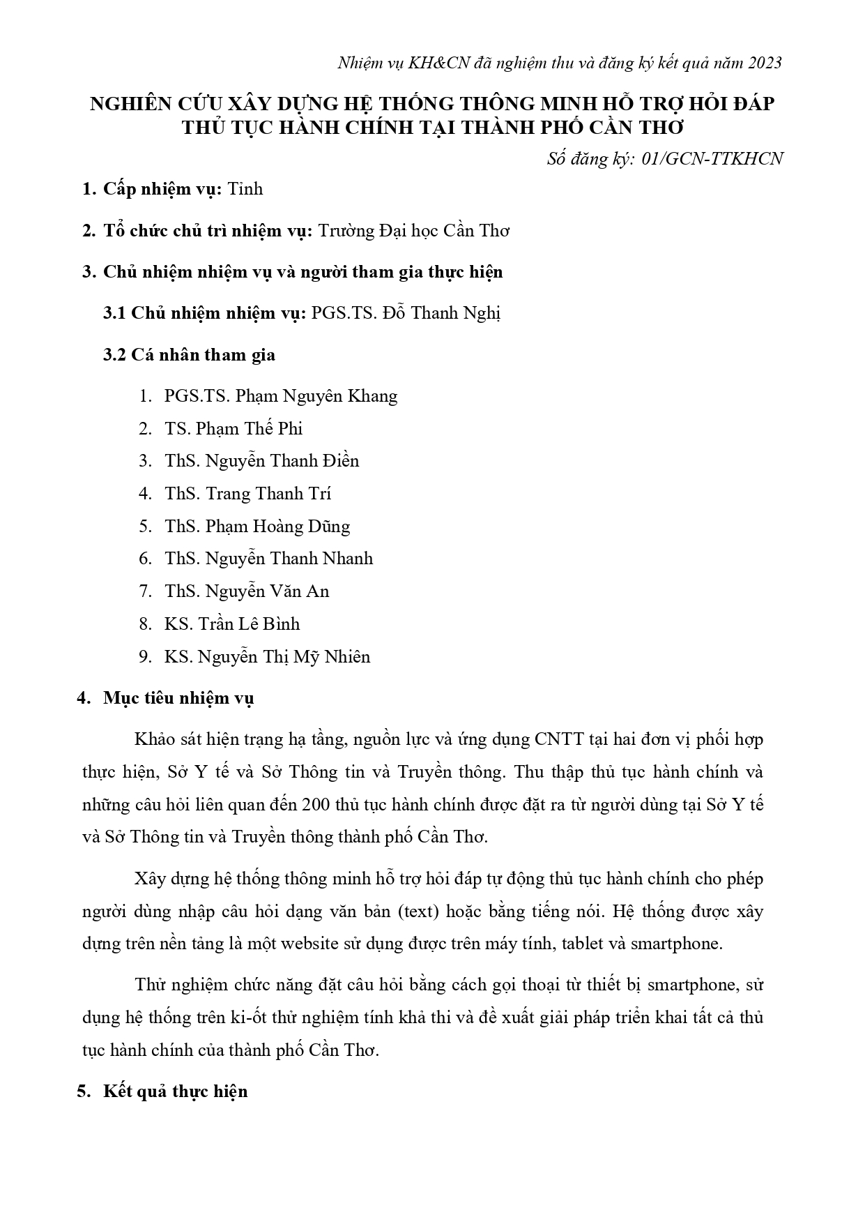 Nghiên cứu xây dựng hệ thống thông minh hỗ trợ hỏi đáp thủ tục hành chính tại thành phố Cần Thơ (2023)