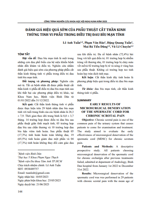 Đánh giá hiệu quả sớm của phẫu thuật cắt thần kinh thừng tinh vi phẫu trong điều trị đau bìu mạn tính