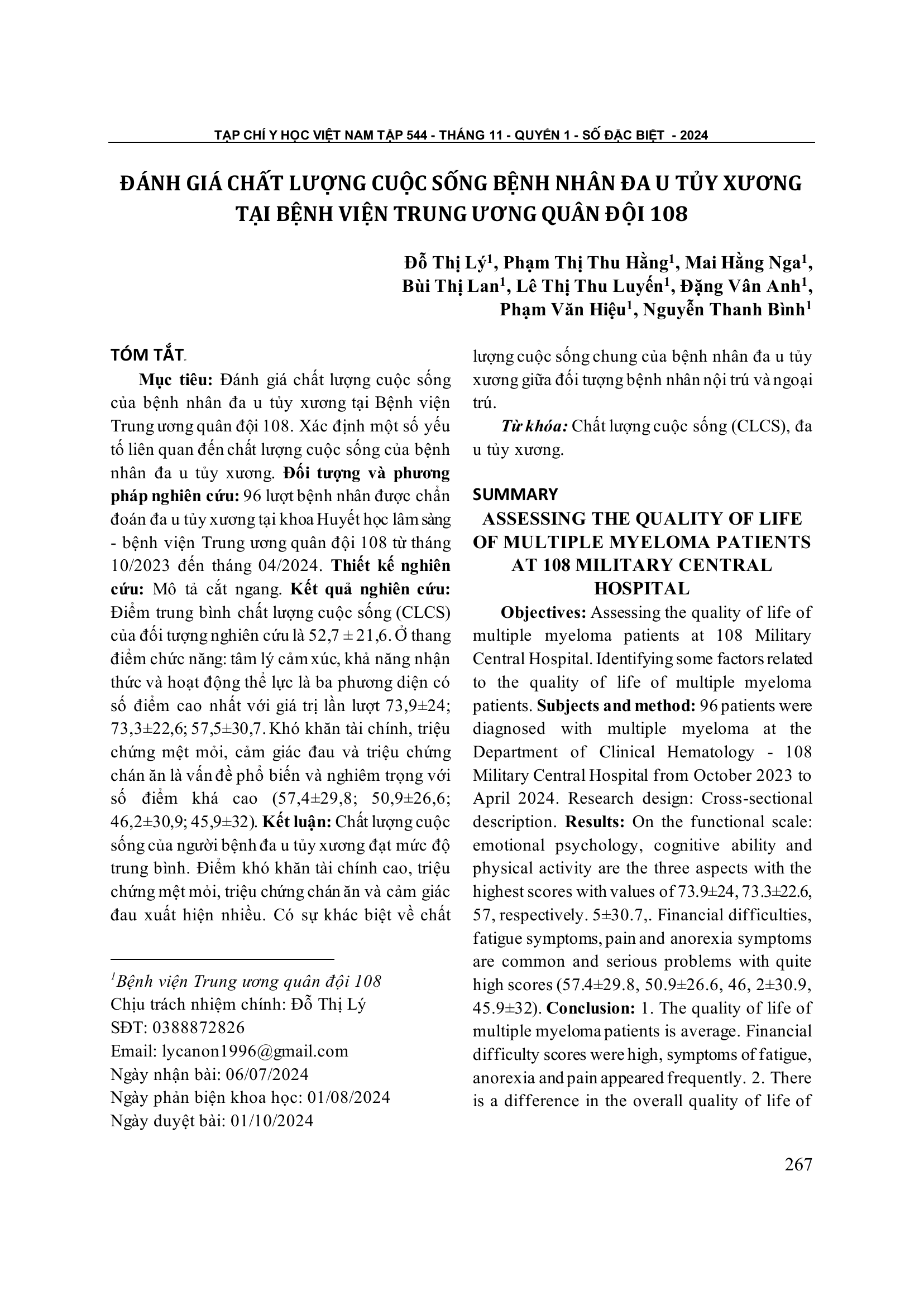 Đánh giá chất lượng cuộc sống bệnh nhân đa u tủy xương tại bệnh viện Trung ương Quân đội 108