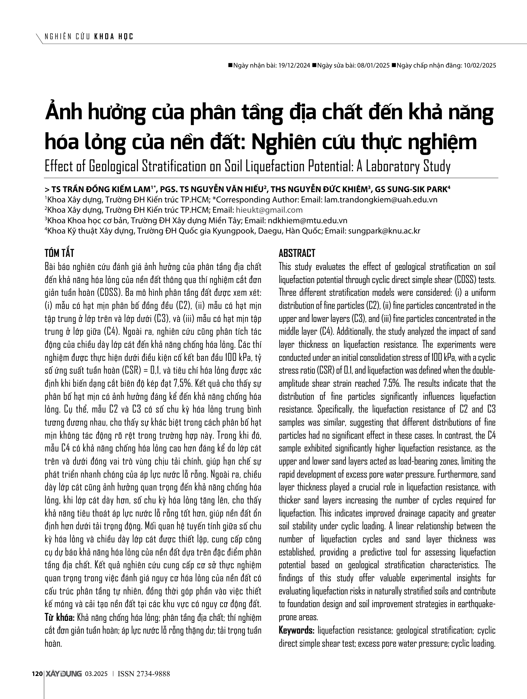 Ảnh hưởng của phân tầng địa chất đến khả năng hóa lỏng của nền đất: Nghiên cứu thực nghiệm