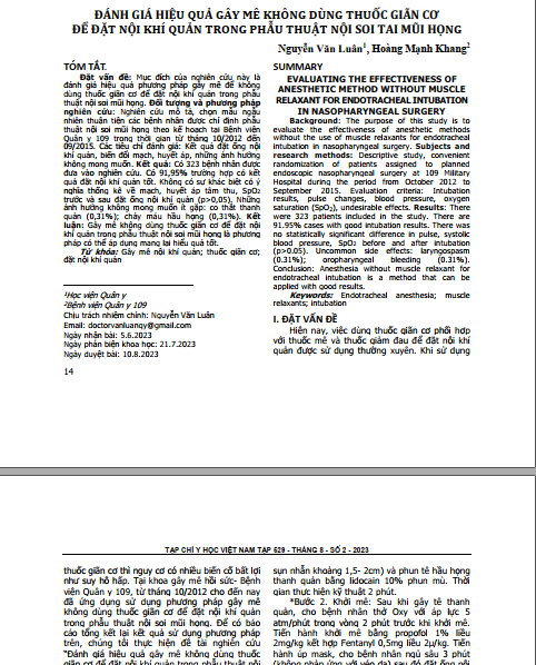 Đánh giá hiệu quả gây mê không dùng thuốc giãn cơ để đặt nội khí quản trong phẫu thuật nội soi tai mũi họng