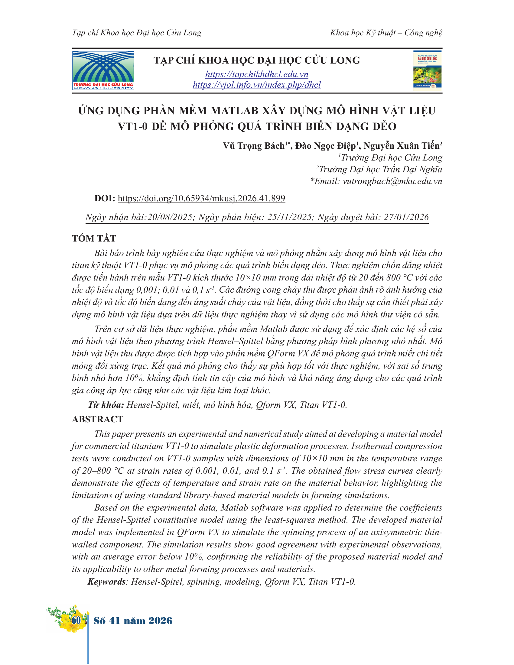Ứng dụng phần mềm MATLAB xây dựng mô hình vật liệu VT1-0 để mô phỏng quá trình biến dạng dẻo